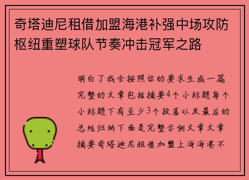 奇塔迪尼租借加盟海港补强中场攻防枢纽重塑球队节奏冲击冠军之路 奇塔迪尼租借加盟海港补强中场攻防枢纽重塑球队节奏冲击冠军之路