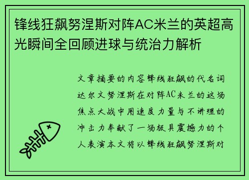 锋线狂飙努涅斯对阵AC米兰的英超高光瞬间全回顾进球与统治力解析